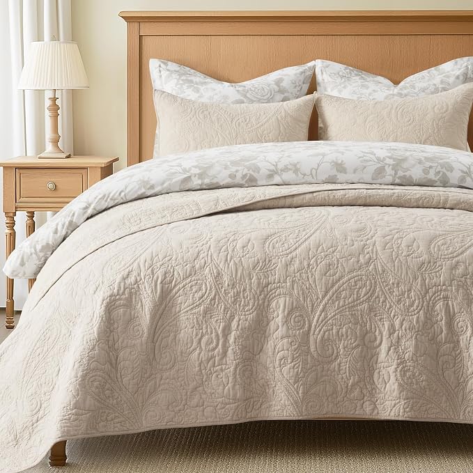 EVERGRACEHOME 100% Cotton Paisley Quilt Set, Oversized King, Flax Beige | Prewashed for Softness, Year-Round Breathability, Gift-Ready Box, Matelasse-style Quilted Coverlet, 3 Piece Set with 2 Shams