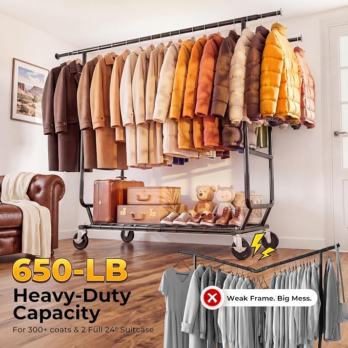 HOKEEPER Clothes Rack Heavy Duty Clothing Rack Load 650 LBS Collapsible | Garment Rack with Wheels Double Rod Clothes Rack for Hanging Clothes Commercial Portable Black, 2 Packs 22"D*75"W*68"H