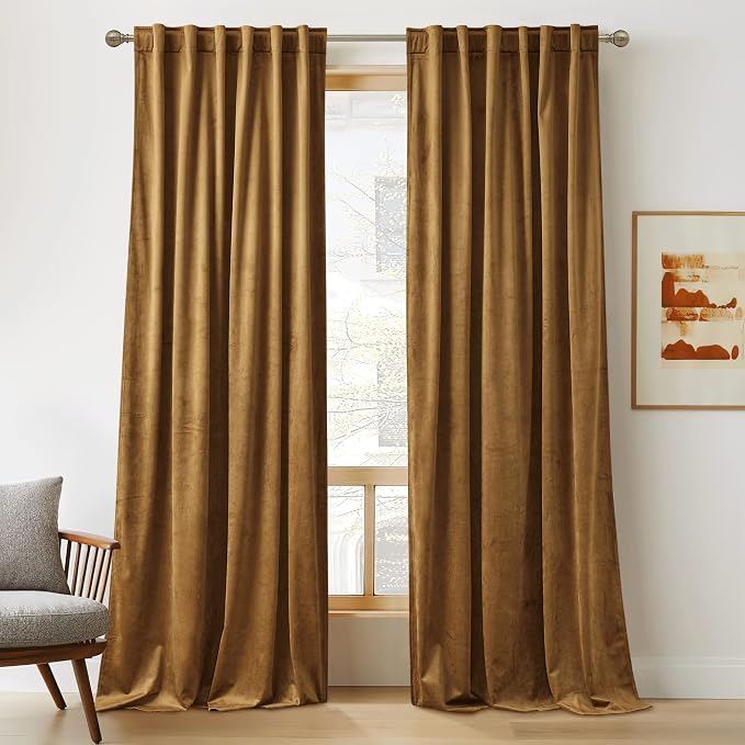 RYB HOME Gold Brown Fall Velvet Curtains for Living Room 90 inches Long | Thermal Insulated, Privacy UV Block, Noise Reducing, Energy Saving, Luxury Vintage Retro Window Decor, W52 x L90, 2 Panels