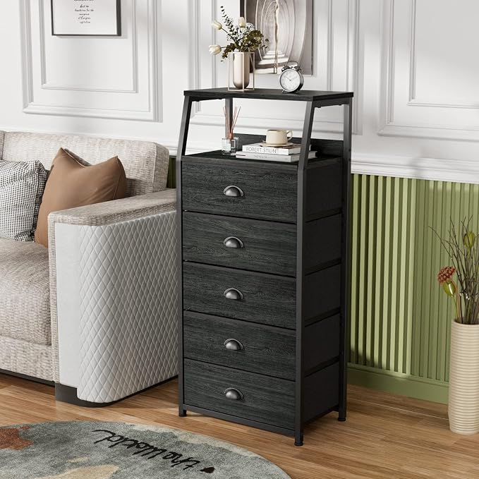 Furnulem Black Dresser for Bedroom, Fabric Dorm Tall Nightstand | 5 Drawers Chests of drawers, Closet Organizer, Bedside Table Furniture for Living Room, Sturdy Steel Frame, Wood Top