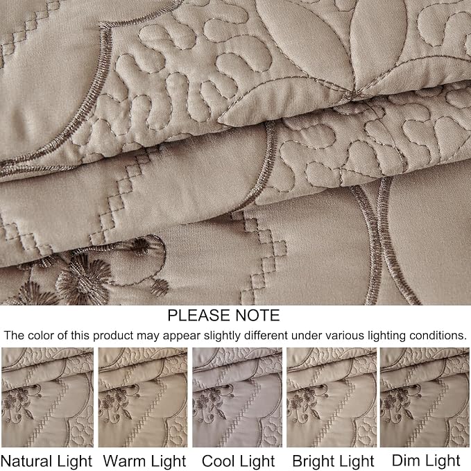 Cmfshape Oversized Floral Embroidery Quilt Set,3 Pieces Super King Quilt Bedding Set,Classic Diamond Pattern Quilt,Ultra Soft Lightweight Reversible Bedspread Coverlet for All Season(Taupe,120"x128")