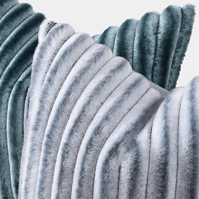 decorUhome Fall Faux Fur Throw Pillow Covers 20x20 Set of 2 Grey White | Decorative Soft Cozy Striped Plush Modern Farmhouse Boho Couch Pillow Cases Velvet Back for Sofa Bed Living Room Home Decor