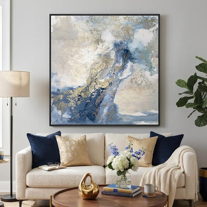 Extra Large Framed Blue Abstract Wall Art Decor for Living Room, 40x40 In | Oversized, Canvas prints, Modern paintings, Minimalist pictures, Blue white gold, Square art, Dining room, Bedroom wall decor
