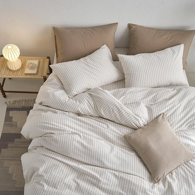 MooMee Striped Duvet Cover Set 100% Washed Cotton Linen Like | Relaxed Linen-like Texture. Soft, Breathable & Long-lasting Comfort. Lightweight. Hidden Zipper with 8 Interior Corner Ties