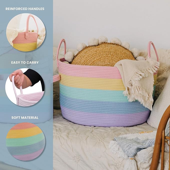 OrganiHaus Rainbow Toy Basket & Blanket Storage Bin, Nursery 20x13" | Rainbow Pastel - Round Rainbow Cotton Rope Basket, Nursery 20x13"