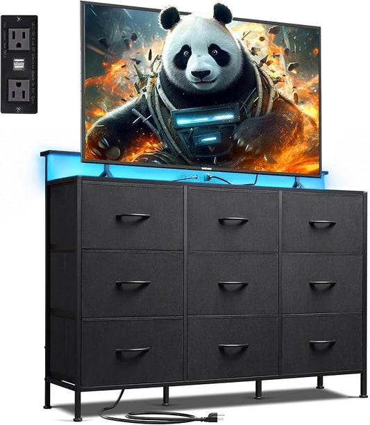 WLIVE Black Dresser TV Stand 9 Drawers, Fabric Chest of Drawers LED Lights | 9-drawer dresser TV stand fits 55" TV with wood top & charging station, fabric media console for bedroom. Easy assemble
