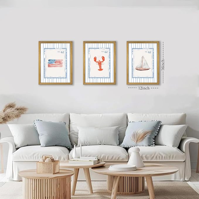 Wood Framed Blue Beach Stamp Set of 3 Canvas Poster Coastal Granddaughter Room Wall Art Decor Vintage Preppy Aesthetic Prints Artwork for Girly Dorm Apartment Ocean Home Decoration 12x16 Inch