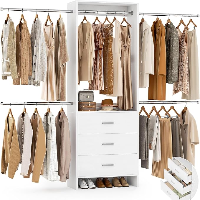 Aheaplus Closet System, 4.2-9Ft Closet Organizer with with 4 Rods, White | for Walk in Closet, Wardrobe Clothes Rack with Wooden Drawers, Garment Rack