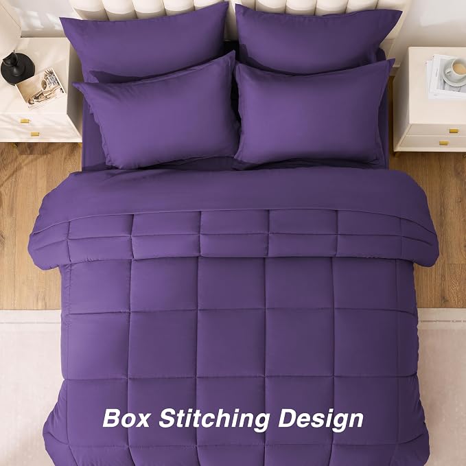 Love's cabin Queen Comforter Set Dark Purple, 7 Pieces Queen Bed in a Bag, All Season Bedding Sets with 1 Comforter, 1 Flat Sheet, 1 Fitted Sheet, 2 Pillowcase and 2 Pillow Sham