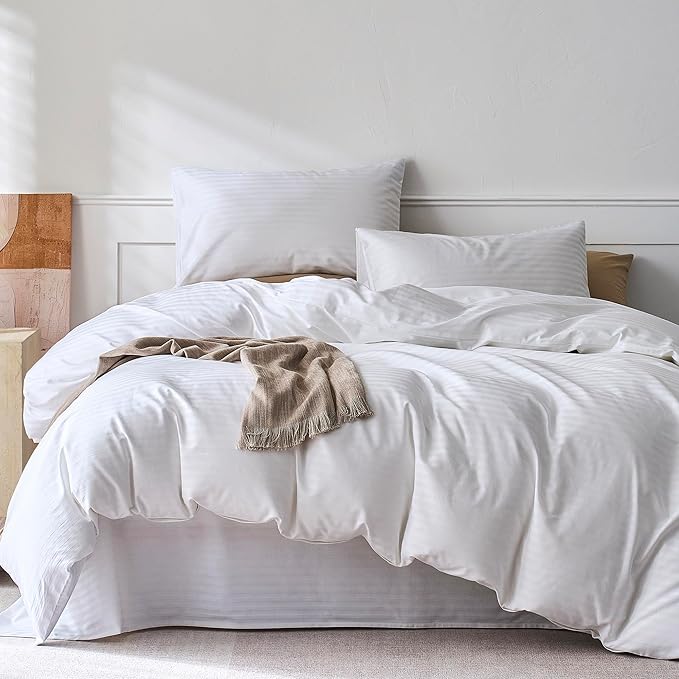 JELLYMONI 100% Cotton Sateen Striped Full Duvet Cover Set, White | Breathable Softness, Oeko-Tex Certified, Classic Stripes, 8 Corner Ties & Double Hidden Zipper