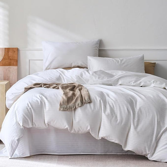 JELLYMONI 100% Cotton Sateen Striped King Duvet Cover Set, White | Breathable Softness, Oeko-Tex Certified, Classic Stripes, 8 Corner Ties & Double Hidden Zipper