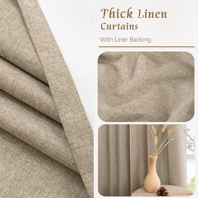 Natural 100% Blackout Linen Curtains 54 Inches 2 Panels, 42 x 54 Inch | Privacy Protected Bedroom Curtains, Thermal Insulated, Farmhouse Panels, Rod Pocket Back Tab, with White Liner, Taupe