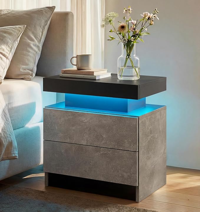 i-aplus LED Nightstand with Wood 2 Drawers Modern Bedside Table for Bedroom | Nightstands with App-Controlled RGB LED Lights, Night Stand with Storgae Drawer, Modern Bedside Table for Bedroom