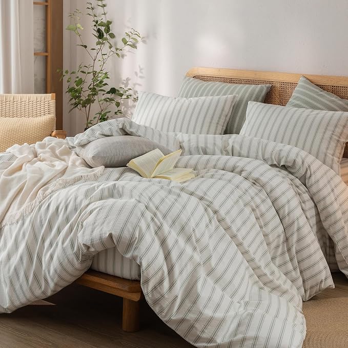BESTOUCH Striped Cotton Duvet Cover Set Linen Feel Super King | 100% Washed Cotton, Soft Wrinkle Texture, Hidden Zipper, 8 Ties, Breathable Lightweight Durable Comfy, 3 Pcs No Insert