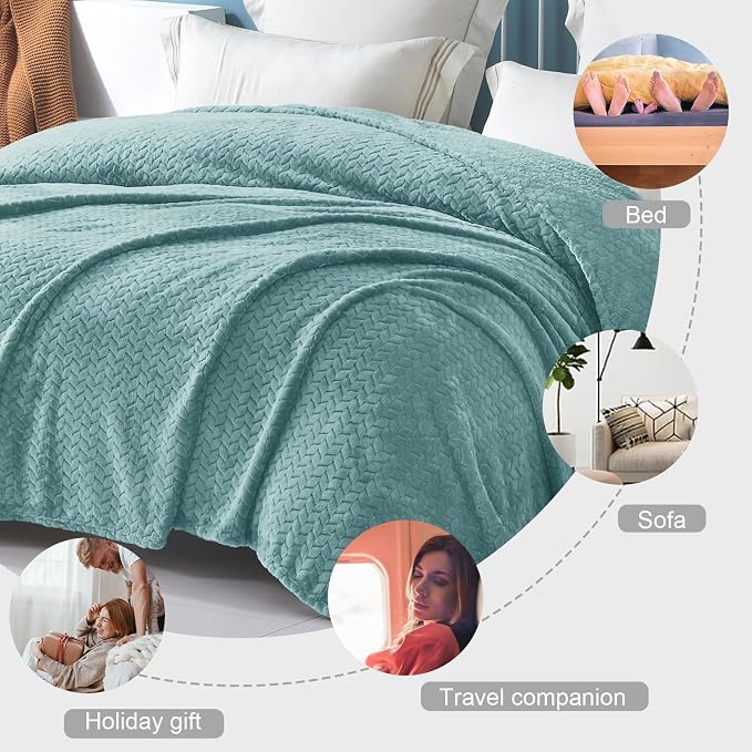 Exclusivo Mezcla Soft Fleece Bed Blanket King Size, 90”x104”, Celadon | Cozy Fluffy Lightweight Blankets for Summer, Decorative Plush Flannel Throws for Living Room, Bedroom with Leaves Pattern