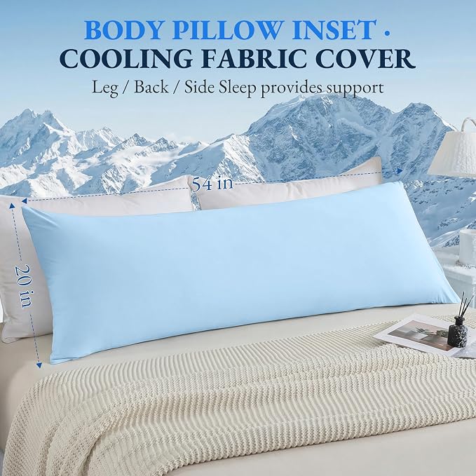 ELNIDO QUEEN Cooling Body Pillow Insert with Cover – Breathable Long Body Pillow for Side Sleepers, Soft Support Bed Pillow for Adults, 20x54 Inches Blue