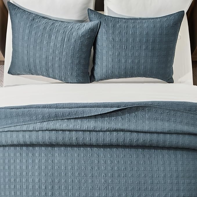 EVERGRACEHOME Cotton Sateen Windowpane Quilt Set King Size, Sonoma Blue | 100% Cotton, Pre-Washed Soft Coverlet Bedspread, 3-Piece Lightweight Bedding Set for All Season, with 2 Pillow Shams