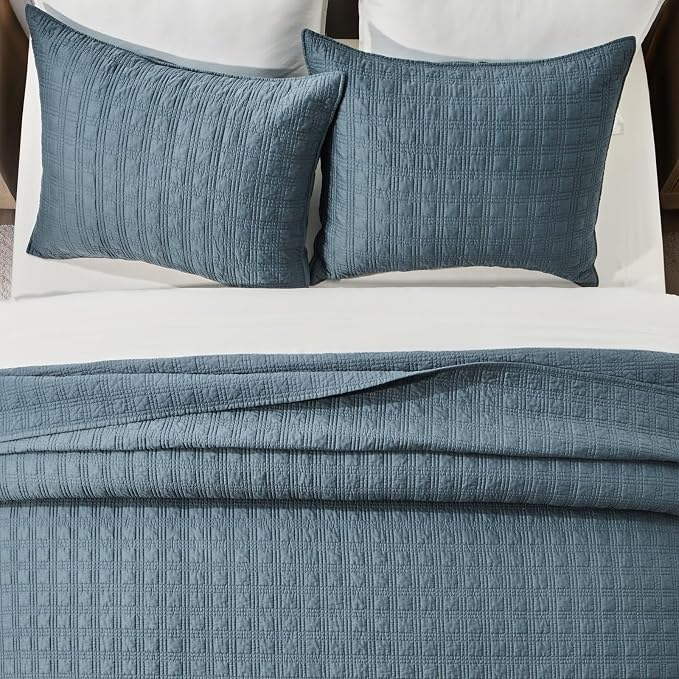EVERGRACEHOME Cotton Sateen Windowpane Quilt Set Queen Size, Sonoma Blue | 100% Cotton, Pre-Washed Soft Coverlet Bedspread, 3-Piece Lightweight Bedding Set for All Season, with 2 Pillow Shams