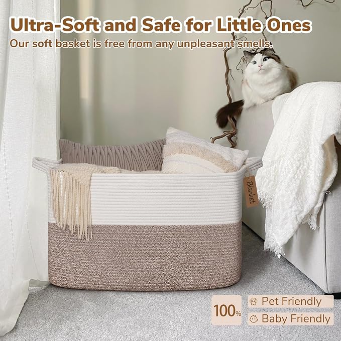 Goodpick 75L Extra Large Woven Rope Blanket Basket, Rectangle, Brown | 22" × 17" × 12" Decorative Storage Basket for Pillows & Clothes, Fits Living Room & Nursery Organization, Handles