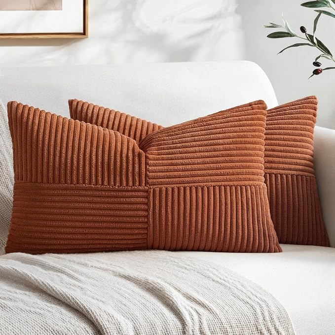 MIULEE Fall Rust Decorative Lumbar Throw Pillow Covers 14x22 Inch 2 Pack | Boho Farmhouse Pillow Covers, Soft Cross Corduroy Patchwork Textured Cushion Cases For Bed Sofa