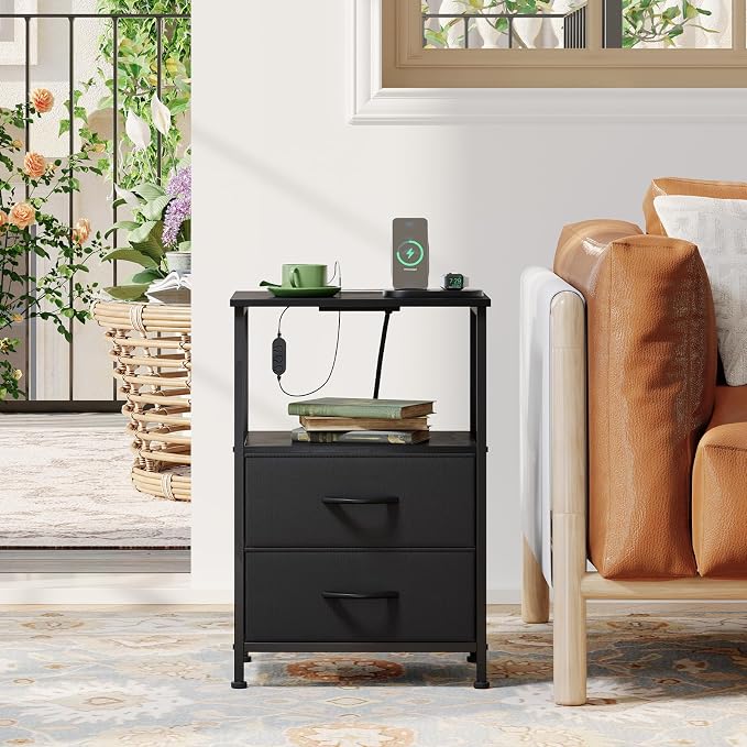 Somdot Nightstands Set of 2 with 2 Drawers, Charging Station & LED Light | Open-Shelf End Tables for Bedside, Dorm, Guest Room, Kids Room, Bedroom, Entryway and Hallway, Black