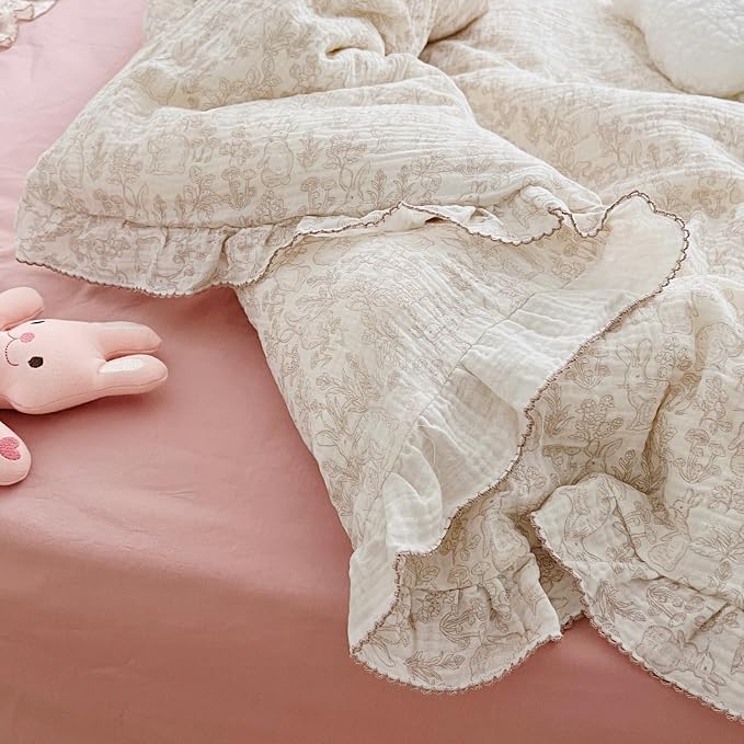 Rabbit Duvet Cover Full Size Kids Duvet Cover 79"x90" Muslin Cotton Quilt Cover with Chic Ruffles, Girls Comforter Cover with Zipper Closure, Machine Wash, All Seasons