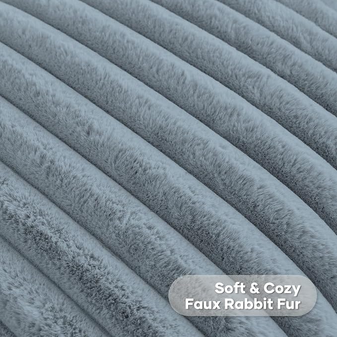 FUTEI Pack of 2 Faux Fur Throw Pillow Covers 22x22 Inch, Dusty Blue | Fluffy Faux Rabbit Fur Front/Premium Velvet Back,Hidden Zipper,Machine Washable,Non-Shedding,Colorfast,Insert Not Included.