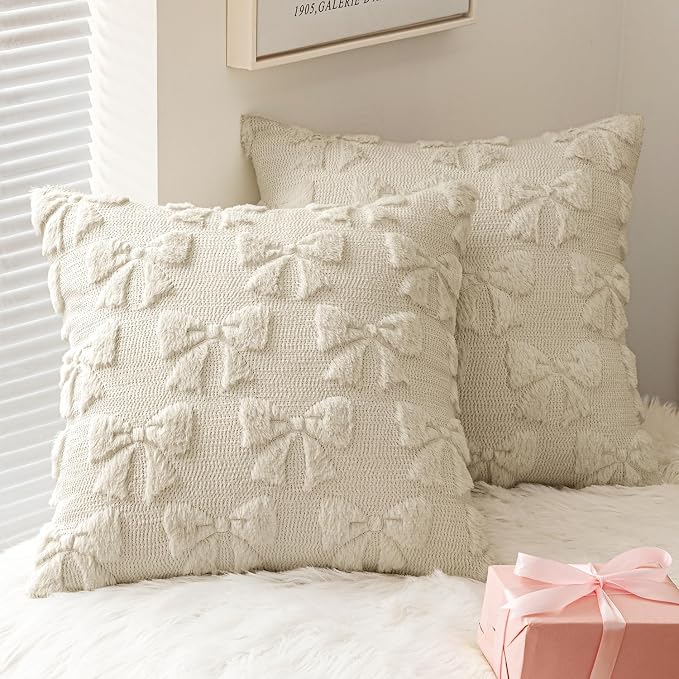 MIULEE Beige Bow Pillow Covers Coquette Room Decor 18x18 | Aesthetic Decorative Cute Girl,Set of 2 Cushion Covers,Soft Plush Faux Pillowcases,Preppy Room Decor Bedroom Couch