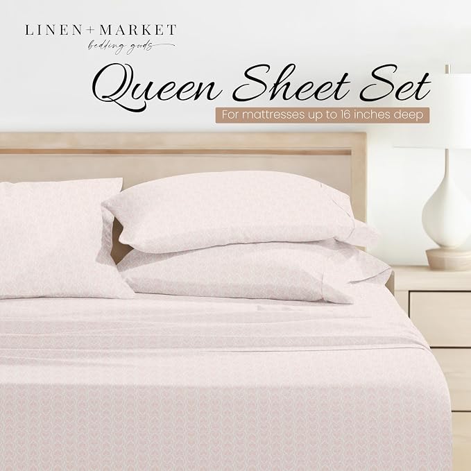 Linen Market Patterned Microfiber Queen Sheet Set 4 Piece – Oeko-TEX Certified Ultra Soft & Wrinkle-Free - 16" Deep Pocket Sheets - Easy Care Queen Size - Classic in Pink