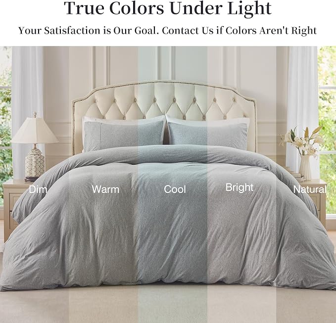 PURE ERA Jersey Knit Sheet Set Heather Light Grey California King | 100% Cotton, 3 Piece Set, T Shirt Soft, Breathable, Envelope Closure Pillowcases, Hidden Zipper, 8 Ties, No Insert, Modern