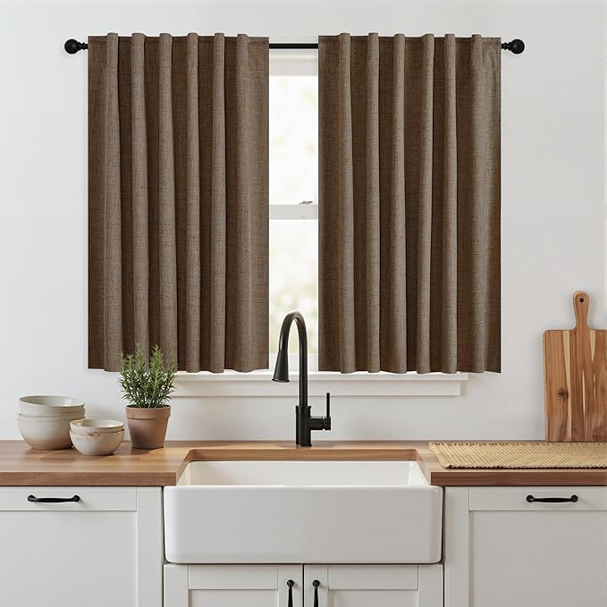 RYB HOME Brown 100% Blackout Short Curtains 45 Inches Long for Cafe | Thermal Insulated, Linen Texture, Light Blocking, for Kitchen RV Bathroom Basement Garage, Small Window, W52 x L45, 2 Panels