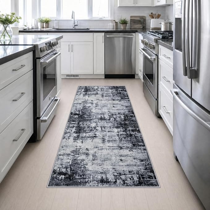 3x8 Washable Runner Rug：Modern Abstract Soft Carpet Dark Black | For Hallway, Bedroom, Kitchen, Laundry, Bathroom,Door Mat,Modern Abstract,Machine washable,Non-Slip,Stain Resistant,Indoor