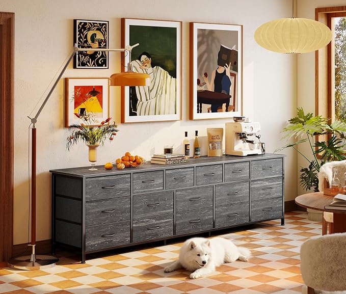Huuger 77.6" Long Dresser for Bedroom, 16 Drawer Fabric Dresser for Closet, Wide Chest of Drawers with Storage, TV Stand for 65, 75, 85 Inch TV, 77.6" W x 13" D x 26.4" H, Charcoal Black