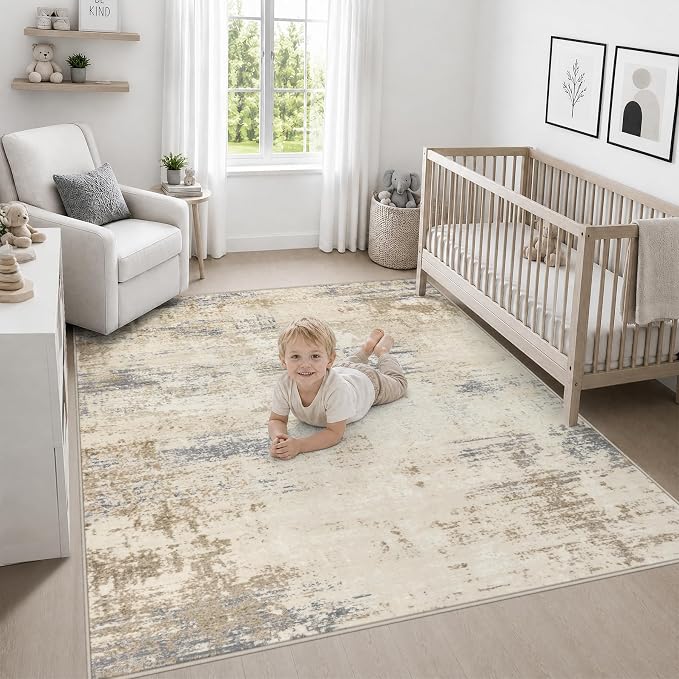 Area Rug Living Room: 5x5 Modern Washable Soft Carpet Beige Brown | For Bedroom Dining Room Farmhouse Nursery Hallway Office,Modern Abstract,Machine washable,Non-Slip,Stain Resistant,Indoor