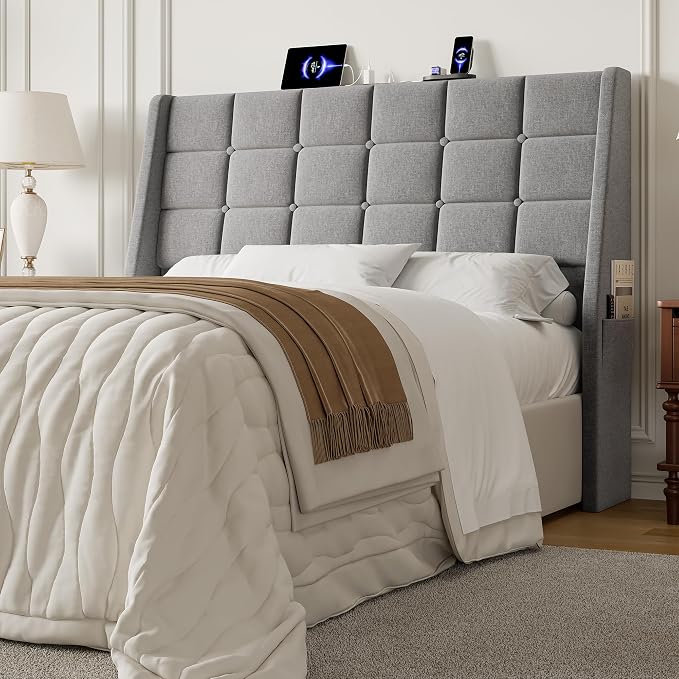 Full Size Headboard with Charging Station, Wingback Ergonomic Headboards | Wingback Upholstered Bed Head Board with Storage Pocket, Sturdy Stable Solid Wood Headboard, Bed Frame Adapters, Light Grey