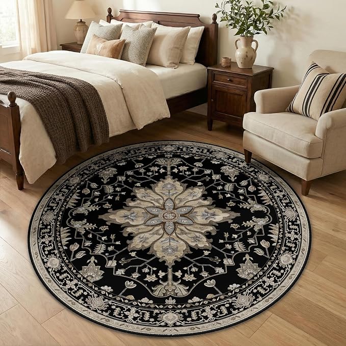 RELEANY Washable Area Rug, Round 5ft, Black/Neutral | Non-Slip, Water Repellent, Pet Friendly, Easy to Clean, Vintage Floral Boho Decor for Living Room Bedroom Dining Room