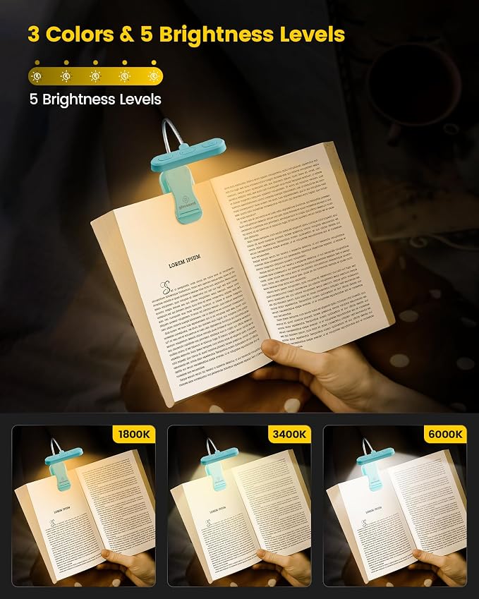 Glocusent Rechargeable Book Light, Clip on Light for Bedtime Reading | Eye Caring, 3-Color, 5 Brightness, Ergonomic, Traveling, Stocking Stuffers Gifts for Book Lover, 1.8Oz Lightweight & Portable