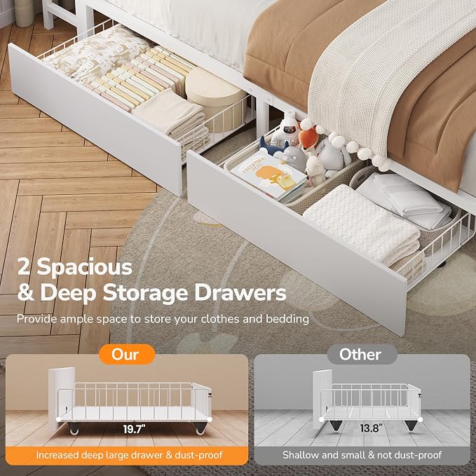 DICTAC Queen Corner Bed Frame with Storage Bookcase and 2 Drawers,Platform Corner Bed Frame Queen Size with LED Lights & Charging Station,Metal Daybed for Teens/Adult with Storage,Saving Space,White