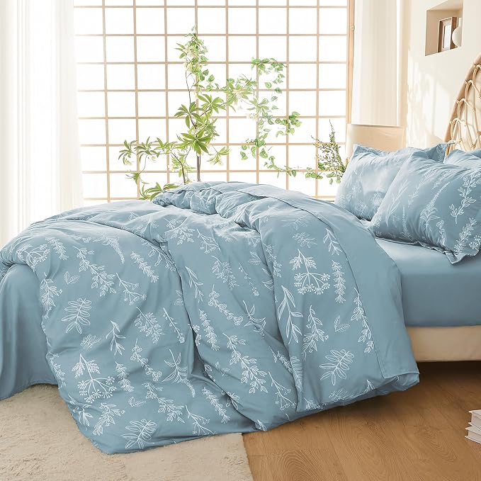 MUXHOMO Duvet Cover Twin/Twin XL Size Set, Reversible Floral Mineral Blue Duvet Cover with Zipper Closure, 2 Pieces Botanical Patterns Soft Bedding Set with 4 Ties (68"x90", 1 Pillow Case)