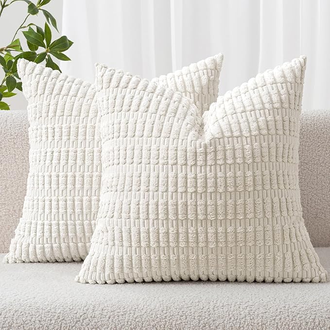 MIULEE Corduroy Decorative Throw Pillow Covers 18x18 Pure White Pack of 2 | Soft Boho Striped Pillow Covers Modern Farmhouse Home Decor For Sofa Living Room Couch Bed