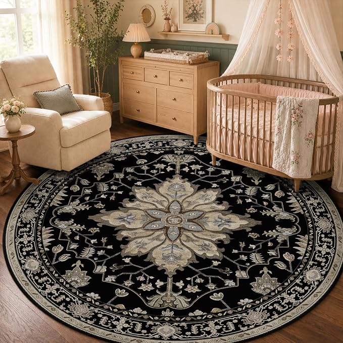 RELEANY Washable Area Rug, Round 5ft, Black/Neutral | Non-Slip, Water Repellent, Pet Friendly, Easy to Clean, Vintage Floral Boho Decor for Living Room Bedroom Dining Room