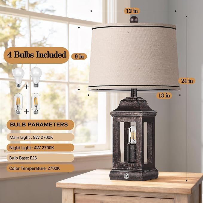 24" Rustic Farmhouse Table Lamps for Living Room Set of 2, Touch Dimmable Nightlight Vintage Bedside Lamps with USB A+C Ports & Dual Light Sources for Bedroom Nightstand End Table, Antique Black