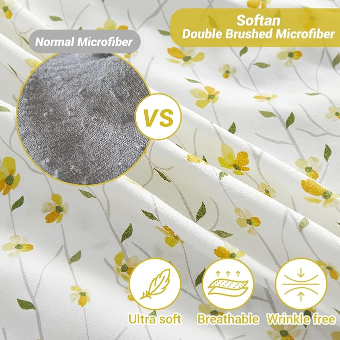Softan Yellow Floral Twin Size Sheet Set, 3-Piece Microfiber Fitted Bed Sheet with 15" Deep Pockets & Non-Slip Straps, Kids Girls Flower Patterned Bed Sheet & Pillowcase Set