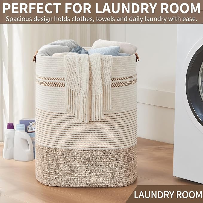 AINUOQI Laundry Basket with Handles - Blanket Basket & Hampers for Bedroom Aesthetic, Laundry Hamper & Blanket Storage for Living Room, Clothes Hamper, Tall, Large 17" x 14" x 22”, Light Brown & White