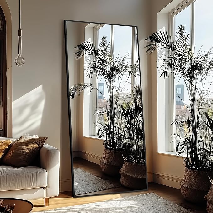 Full Length Mirror with Stand, 70x30 Black Floor Mirror | Aluminium alloy frame with HD float glass for distortion-free reflection. Free standing or wall mounted.