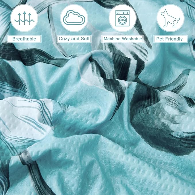 Floral Comforter Set Twin Size 7 Piece, Aqua Flower Bed in a Bag, Elegant Gradient Floral Comforter with Sheet Set, Soft Seersucker Microfiber Bedding Set for All Season (Aqua, 68"x86")