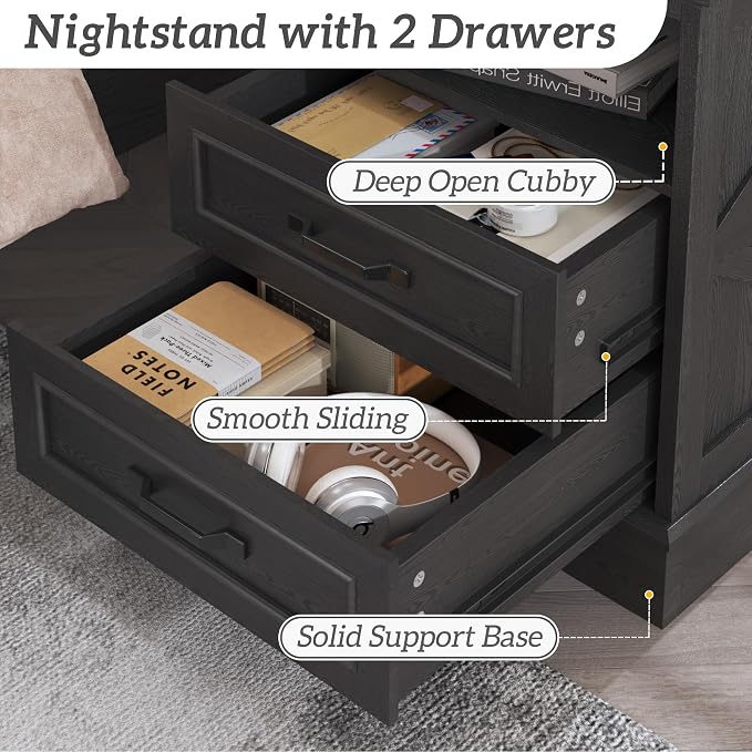 Fluest 24" Tall Farmhouse Nightstand, Night Stand with Fast Charging Station, Beside Tables with Drawers and Open Storage, Rustic End Tables for Bedroom, Antique Black