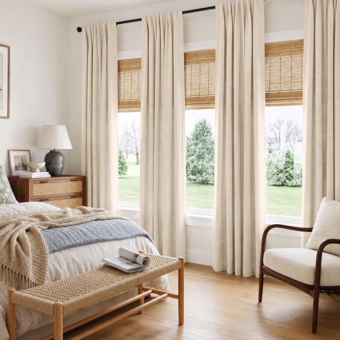 INOVADAY 100% Blackout Linen Curtains for Bedroom 42x96 Inches Oatmeal | Linen Textured, Light Blocking, Room Darkening, Thermal Insulated, Back Tab Top, Window Curtains for Living Room, 4 Panels