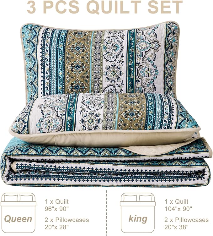 WONGS BEDDING Boho Quilt Queen Size,3 Pcs Bedspread Bedding Set, Blue Brown | Colorful Bohemian Striped Printed Bedding for All Season, Lightweight Microfiber Coverlet Set with 2 Pillowcases(96"x90")