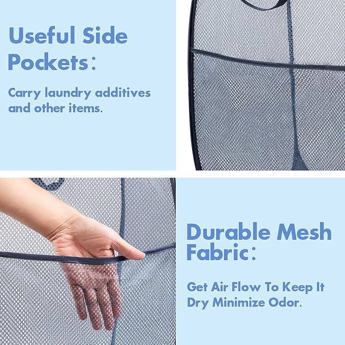 Pop Up Laundry Hamper, 70 L Collapsible Mesh Basket with Side Pocket, Blue | Reinforced handles, breathable fabric, foldable, portable for dorm college travel camping cruise, dirty clothes, toys storage
